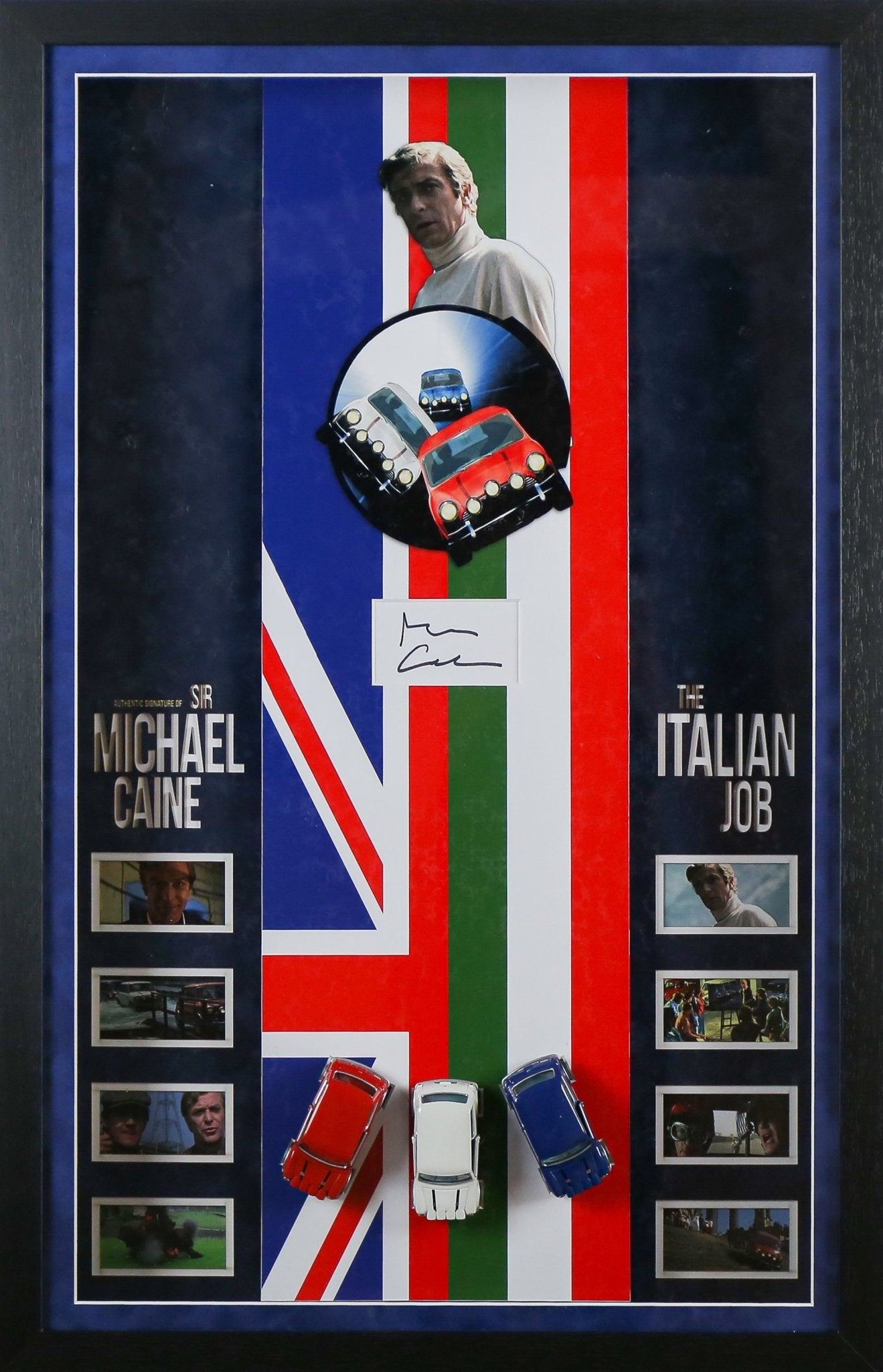 Michael Caine, The Italian Job Signed White card Framed Display with Minis - Memorabilia Framers Shop